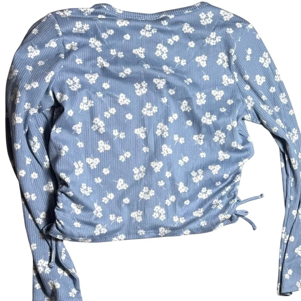 Justice Long Sleeve Top Blue Floral Ribbed Cinched Side Cottagecore Girls 14/16